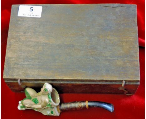 Meerschaum Pipe  In shape of pan.  Slight chip to rim of bowel with additional stem (includes wooden box).  Nice item.