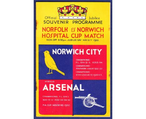 Football Programmes - Norwich City v Arsenal Jubilee Day May 6th 1935  N & N Hospital Cup match, rust on staples cover detach