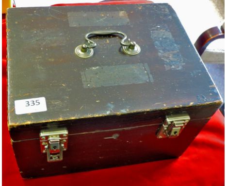Wooden Box  (29cm x 23cm x 18½cm).  Carrying handle and two clasps (no key) nice blue felted interior with some shaping.  Use
