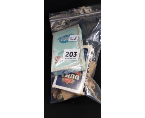 BAG LOT OF CUFFLINKS, BADGES AND PLAYING CARDS