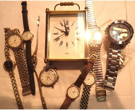 Box of mixed wristwatches and a carriage clock. P&amp;P Group 2 (£18+VAT for the first lot and £3+VAT for subsequent lots) 