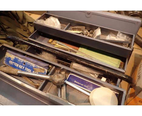 Metal canter lever toolbox with a quantity of tools and box containing pairs of aluminium lever latches. Not available for in