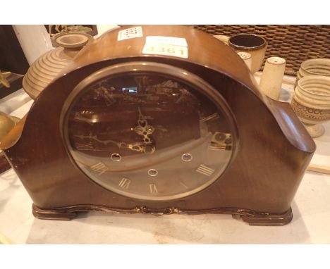 Oak cased mantle clock with key. Not available for in-house P&amp;P, contact Paul O'Hea at Mailboxes on 01925 659133 