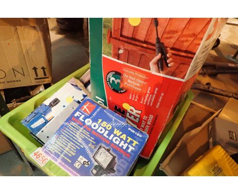 Boxed of mixed tools including a sander and a garden fence spray. Not available for in-house P&amp;P, contact Paul O'Hea at M
