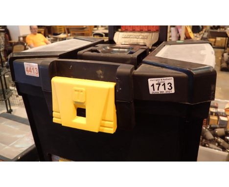 Keter two wheeled, two tier tool storage boxes with a quantity of artist paint, pens etc. Not available for in-house P&amp;P,