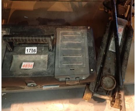 Lidded tool box containing a quantity of tools to include chisels, wrenches etc. Not available for in-house P&P, contact Paul