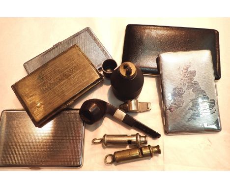 Five cigarette boxes, a pipe and three whistles and a vintage table lighter. P&amp;P Group 2 (£18+VAT for the first lot and £