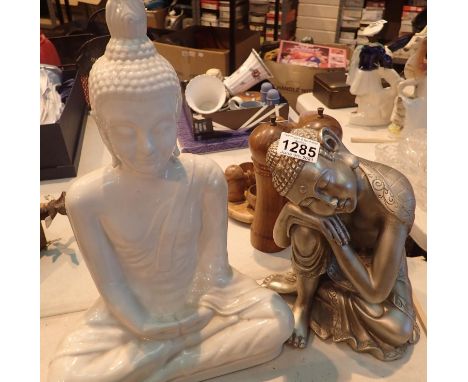 Large ceramic seated Buddha H: 44 cm and a further silvered example. Not available for in-house P&amp;P, contact Paul O'Hea a