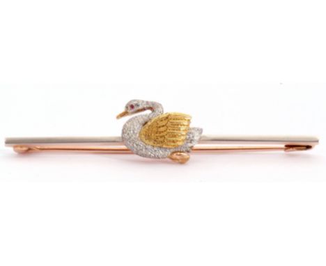 Precious metal and "swan" bar brooch, the plain polished rectangular bar applied with a tri-colour naturalistically textured 