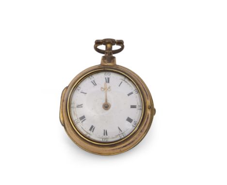 Mid-18th century gilt metal paired-case pocket watch of small proportions, having a single gold hand to a white enamel dial w