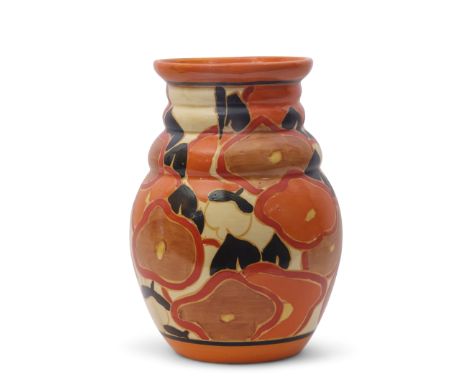 Clarice Cliff vase, shape 358, in the orange chintz pattern with Clarice Cliff factory stamp and Fantasque to base, 21cm high