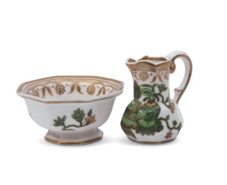 Spode miniature hydra jug with matching basin, the pieces with a green floral design within gilt borders, red Spode mark to b