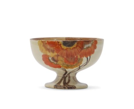Clarice Cliff small pedestal bowl in the Rhodanthe pattern, Newport Pottery back stamp to base, 9cm diam