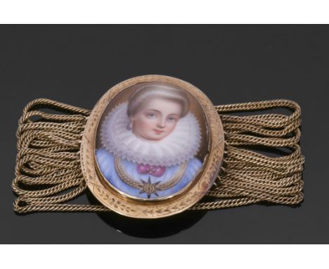 Mid 19th century oil miniature on oval ceramic panel, depicting an Elizabethan lady with ruff within an engraved gold surroun