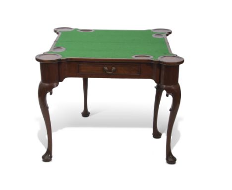 Reproduction mahogany fold-top card table, green plush lined inset over a central frieze drawer and raised on four cabriole s