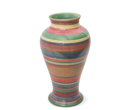 Clarice Cliff Bizarre large Meiping shape vase, decorated with horizontal bands in a geometric design, 31cm high