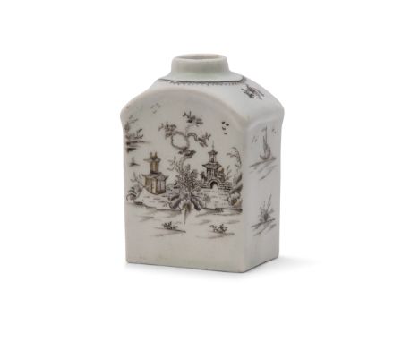 Lowestoft tea caddy with sepia decoration of pagoda and trees with islands and sampan decoration to sides, 10cm high