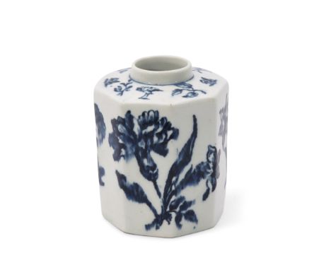 Rare Lowestoft tea caddy of octagonal form printed with flowers in shades of dark and light blue, 9cm high