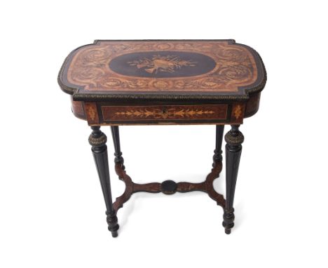 19th century burr walnut marquetry and ebonised sewing table, the ornately inlaid lid with brass edging enclosing a fitted in