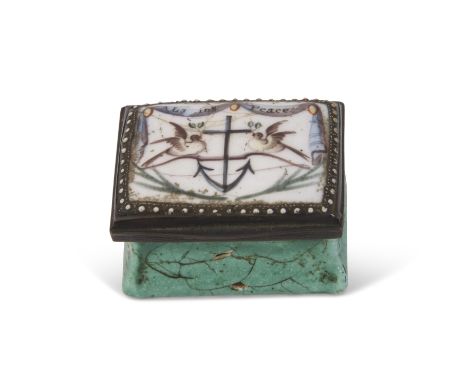 Bilston metal framed and enamelled patch box of concave sided rectangular form, the hinged lid opening to reveal a mirror wit