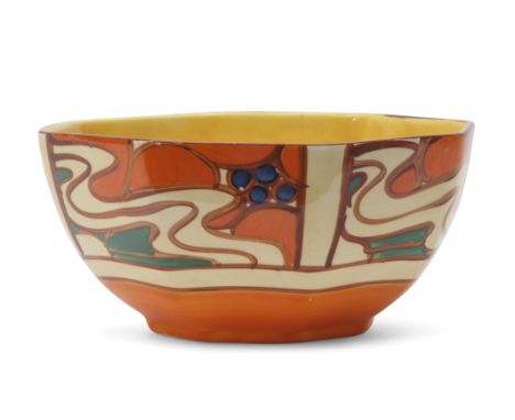 Octagonal Clarice Cliff bowl, in the Orange Sunrise pattern, the base with Fantasque Clarice Cliff factory stamp, 15cm diam