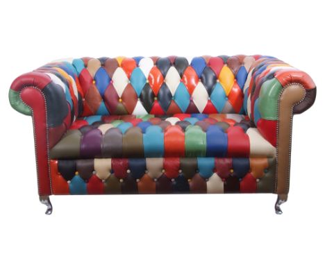 21st century designer Chesterfield arch back sofa, upholstered in multi-coloured leather harlequin design, with straight scro