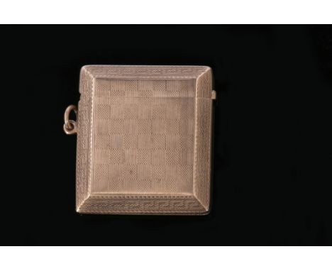 Early 20th century hallmarked 9ct gold encased petrol lighter of Vesta form, rectangular shaped with canted edges, all over e
