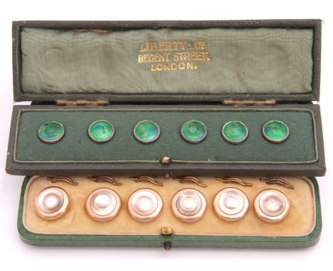 Set of six green enamel buttons in fitted "Liberty &amp; Co, Regent St, London" case (buttons unmarked), together with a case
