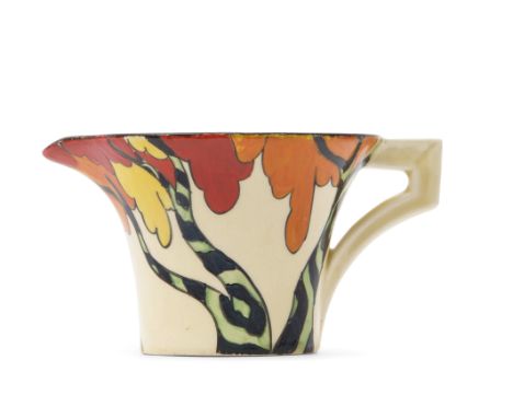 Daffodil shaped jug with the Honolulu design by Clarice Cliff, decorated in typical colours and fashion, with the Bizarre mar