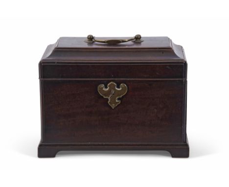 George III period dark mahogany tea caddy of moulded rectangular form, the hinged lid opening to reveal three tin containers 