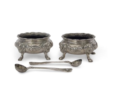 Fine heavy pair of William IV circular salts having wavy gadrooned rim, applied floral and foliate garlands, limited engraved