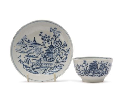 Lowestoft porcelain tea bowl and saucer with a rare chinoiserie print of a man on a bridge, Note: for example see Transaction