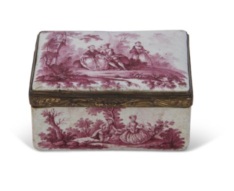 18th century Battersea gilt metal framed rectangular table snuff box, the panel to both sides of the lid, sides and base all 