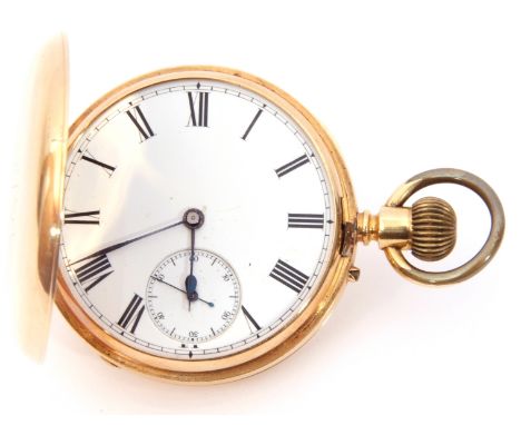 First quarter of 20th century Gents 18K gold cased full hunter small pocket watch with button wind, having blued steel hands 