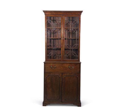 Mahogany secretaire bookcase, glazed top enclosing fitted shelving over a full width secretaire drawer enclosing fitted inter