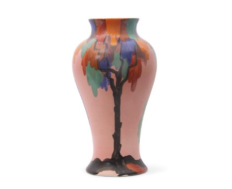 Clarice Cliff Bizarre vase pink Latona tree pattern, 24cm high