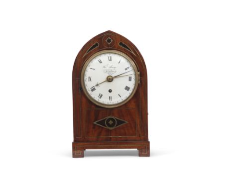 Early 19th century mahogany lancet shaped bracket clock, Thomas Strange of Kingston, inlaid with cut brass with ebonised deta