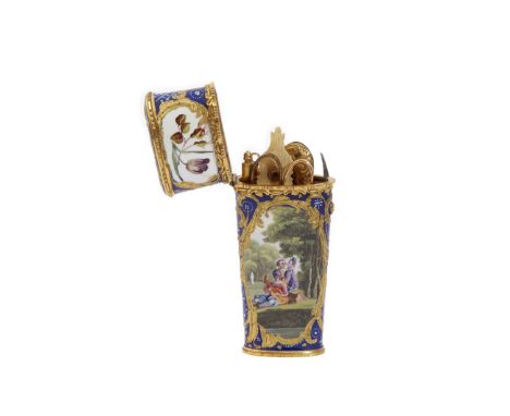 Fine early/mid-19th century French gilt metal framed and enamelled etui decorated with vignettes of figures enjoying pastimes