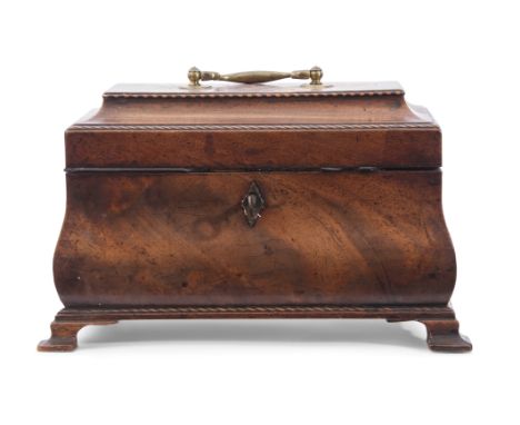George III figured mahogany tea caddy of bombe-sided rectangular form, the concave sided lid with hinged brass carrying handl