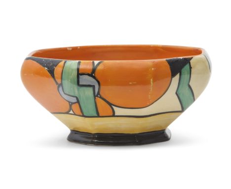 Clarice Cliff octagonal bowl in the Picasso Flower pattern, with a Fantasque back stamp and Lawleys Regent Street, 14cm diam