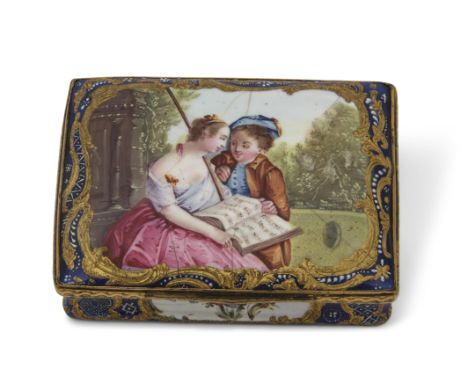 18th century Bilston or South Staffordshire enamel box with gilt mounts, the cover decorated with a cup with a couple and wit