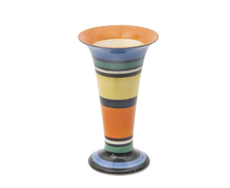 Clarice Cliff Bizarre trumpet shaped vase with a geometric design alternating colours, 15cm high