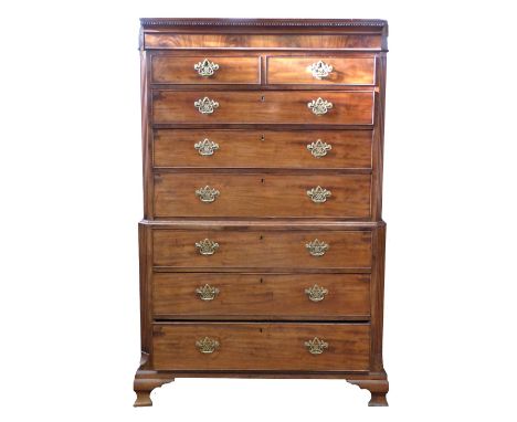 George III period mahogany chest on chest, dentil corners over upper section with two short and three full width graduated dr