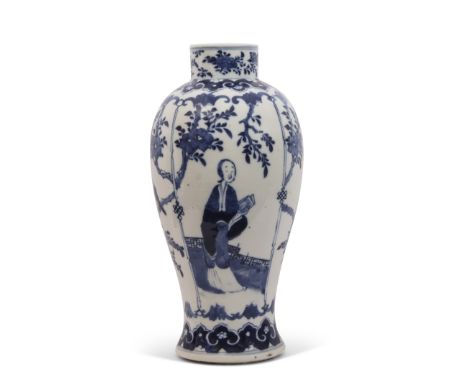 Large, probably 19th century, Chinese porcelain blue and white vase decorated with Chinese figures and a bird on a branch, wi