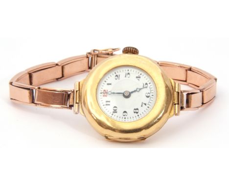 First quarter of 20th century Ladies 18ct gold cased wrist watch, having blued steel hands to a white enamel dial with red an