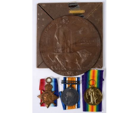 A 1914 STAR/BAR TRIO & PLAQUE. A 1914 Star with gilt bar, named to 1578 Pte J R Wallace. 1/28 Lond R. British War & Victory M