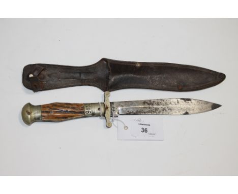 A HUNTING KNIFE & SCABBARD. A Joseph Rogers Sheffield Steel No 6 Hunting knife, with staghorn grips, plated pommel and mounts