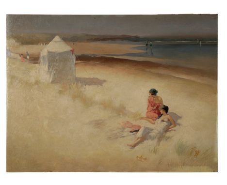 MONOGRAMMIST R.F. Females on a beach monogrammed lower right, oil on panel, 30.5cm x 40.5cm, with an associated moulded gilt 