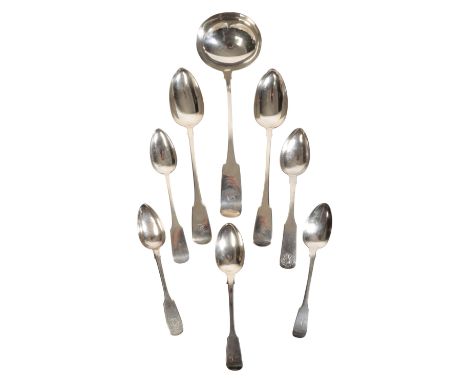 A COLLECTION OF SILVER SERVING SPOONS including a silver ladle, Dublin 1829, and a collection of silver, c.26oz (a lot)