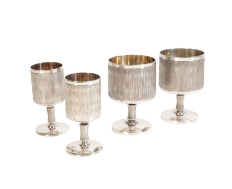 TWO PAIRS OF ART DECO STYLE SILVER WINE CUPS by Royal Irish Silver Co, Sheffield, 1973, of the bowl of cylindrical form with 
